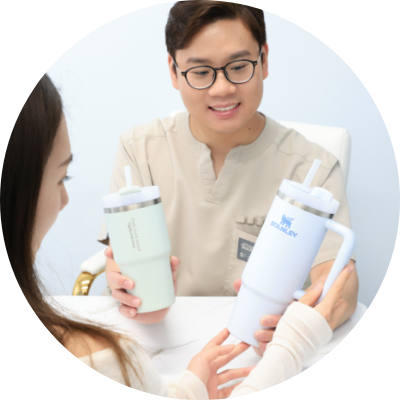 Showing patient two cups